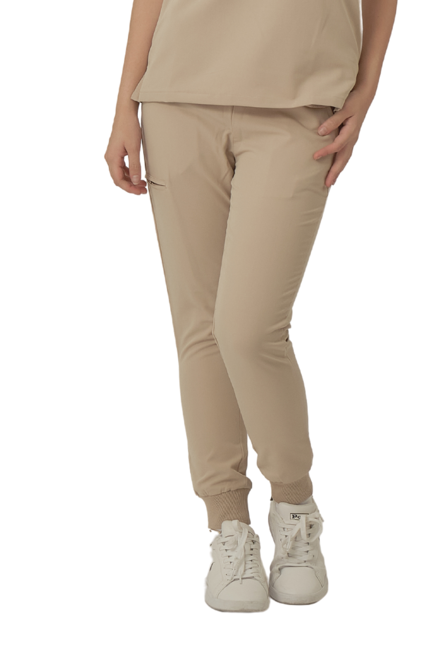 our BOWIE 5-pocket jogger womens scrub pants in light khaki