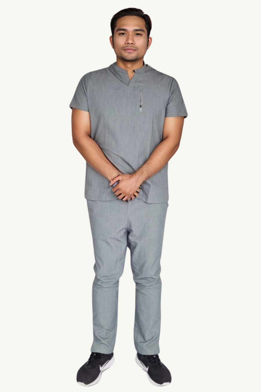 our EASTON 3-pocket mens scrub top in ice grey