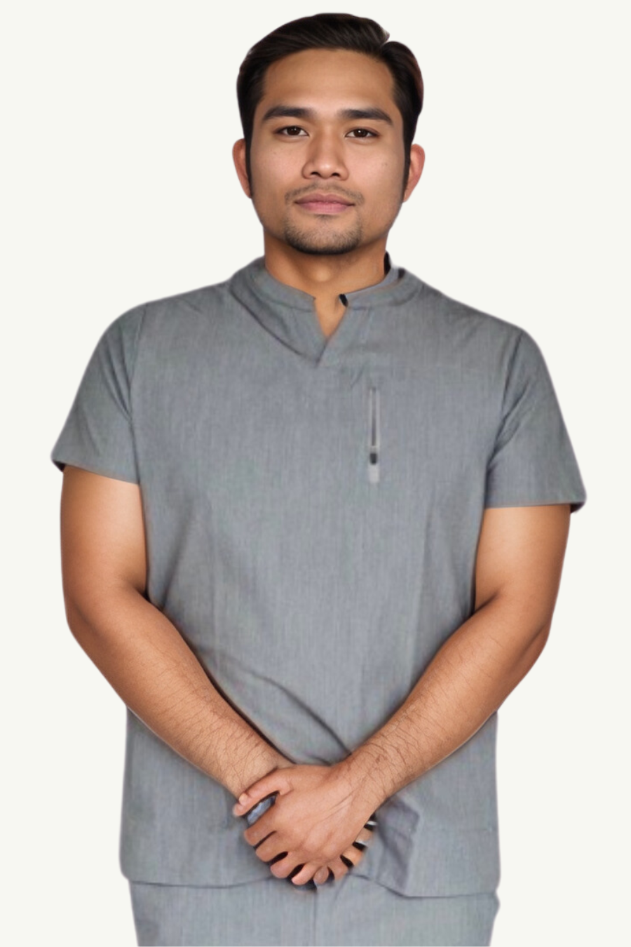 our EASTON 3-pocket mens scrub top in ice grey