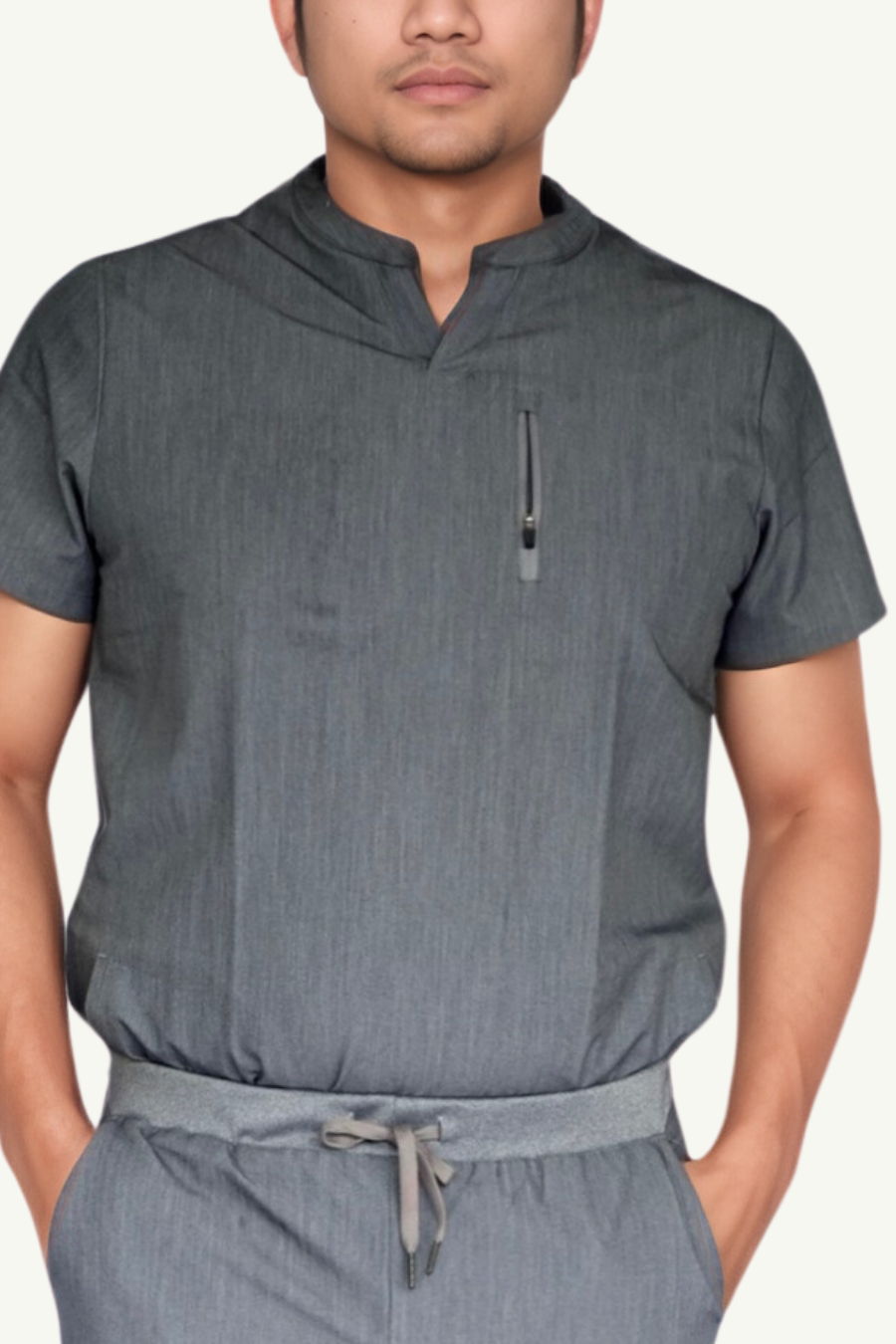 our EASTON 3-pocket mens scrub top in ice grey