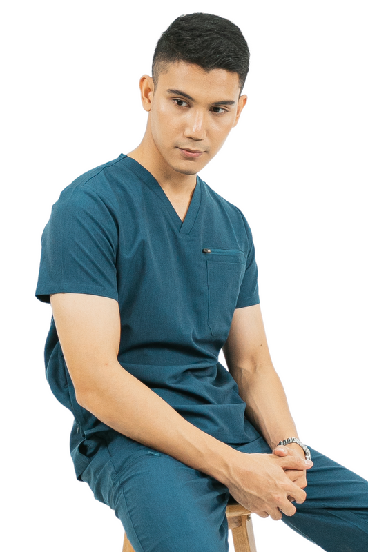 our CARTER 4-pocket mens scrub top in aegean blue