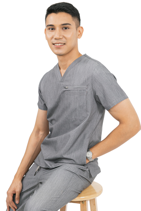 our CARTER 4-pocket mens scrub top in ice grey