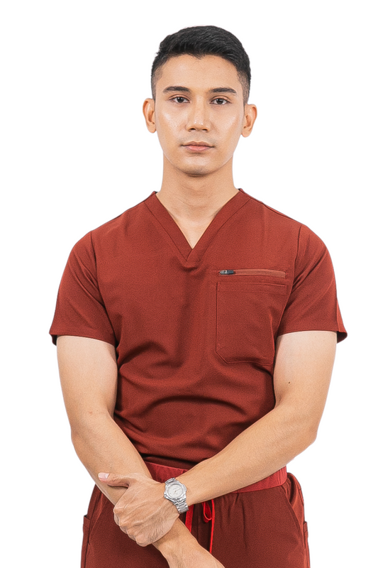 our CARTER 4-pocket mens scrub top in popstar red