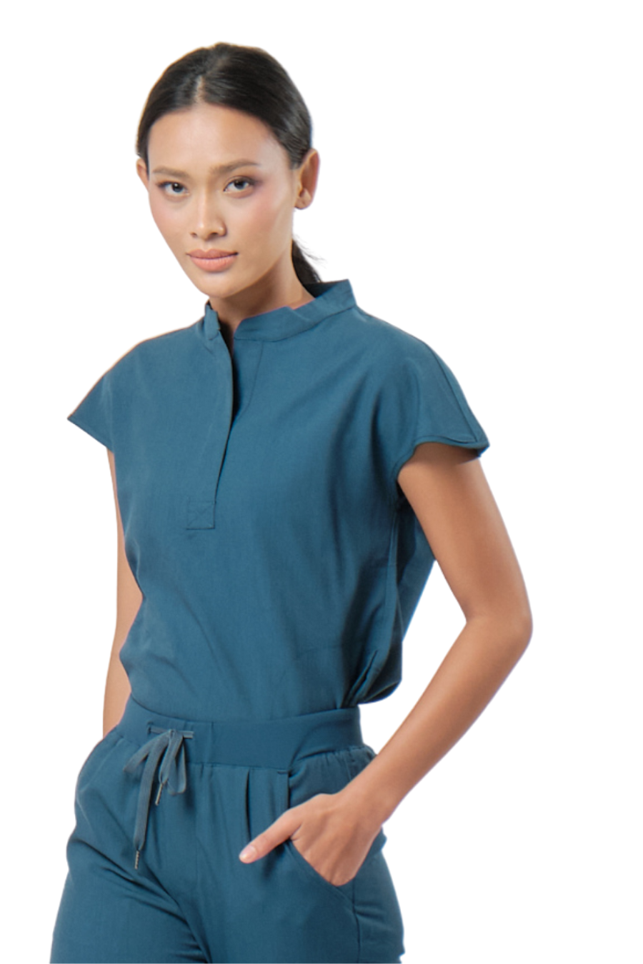 our AVA 2-pocket womens scrub top in aegean blue