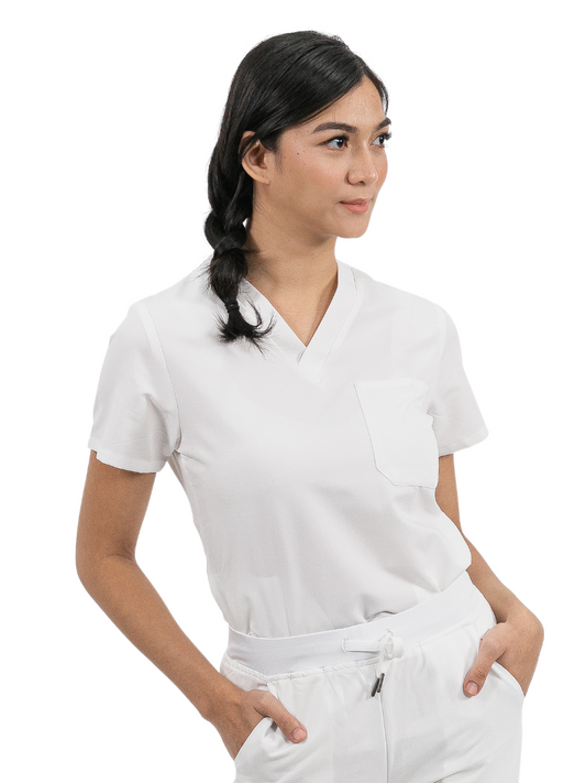 our BAILEY 3-pocket womens scrub top in pearl white